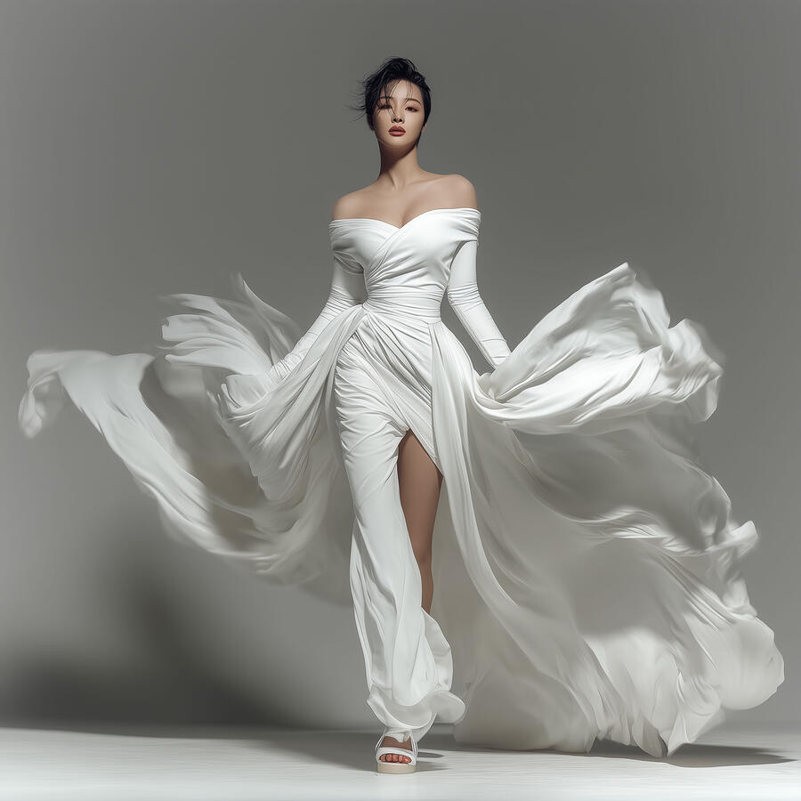 霧系列人像作品《權域之境｜純白權域》，女性身穿流動感白色高級長裙行走於極簡背景之中，裙擺隨動作展開，畫面呈現高級時尚與權威氣場。 Portrait from The Haze series titled “Domain of Dominion – Pure White Realm”, featuring a woman in a flowing white couture dress moving through a minimal studio space, with dramatic fabric m